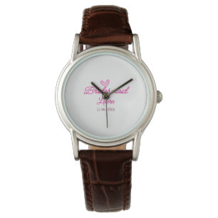PINK heart minimal add name bridesmaid gift year Watch