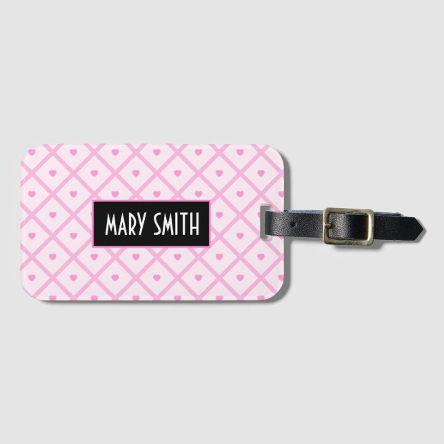 Pink Heart Modern Plaid Collection Luggage Tag (Front Horizontal)