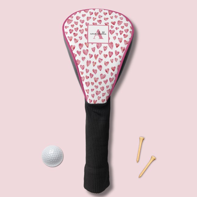 Pink Heart Monogram First Name Golf Head Cover (Pink watercolor love heart gold head cover)
