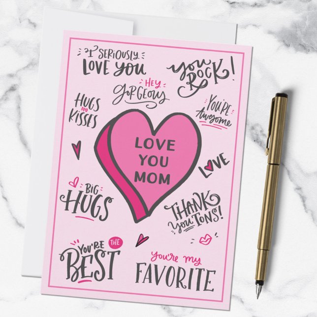 Pink Heart Mothers Day Playful Stylish Quotes Card (In situ)