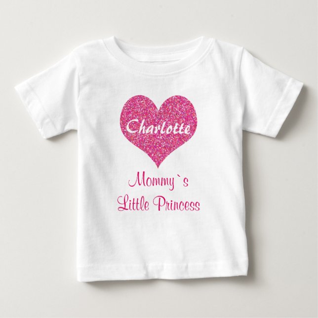 Pink Heart Mummy`s Princess Personalised Name Baby T-Shirt (Front)