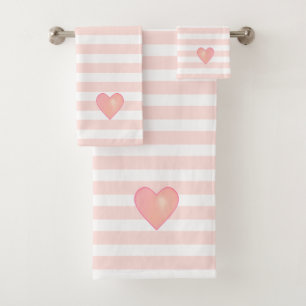 Pink Heart on Light Pink & White Striped Bath Towel Set