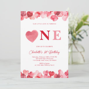 Pink Heart One First Girl Birthday  Invitation