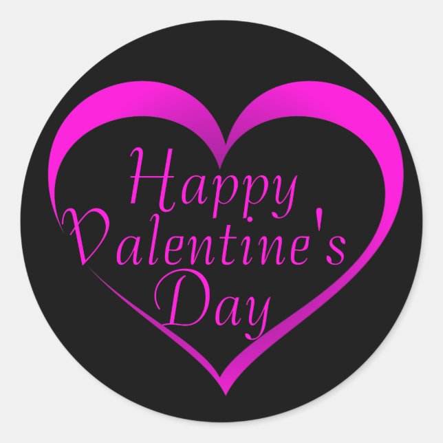 Pink Heart Outline on Black, Happy Valentine's Day Classic Round Sticker (Front)