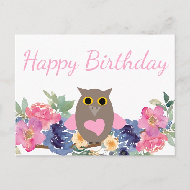 Pink Heart Owl Floral Watercolor Happy Birthday  Postcard (Front)