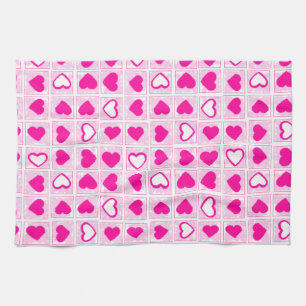 Pink Heart Pastel Fun Squares Tea Towel