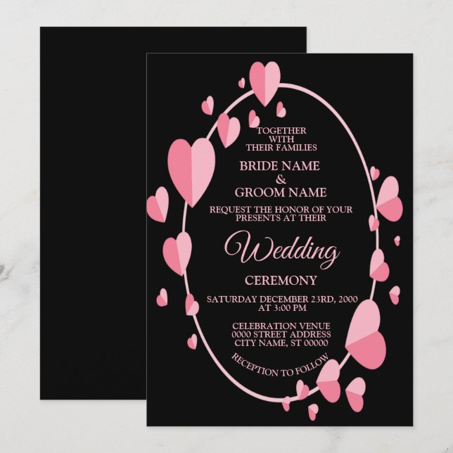 Pink Heart Pattern Black Geometric Elegant Wedding Invitation (Front/Back)