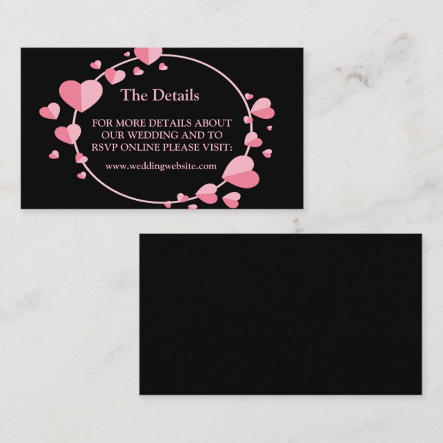 Pink Heart Pattern Black Geometric Wedding Detail Enclosure Card (Front/Back)