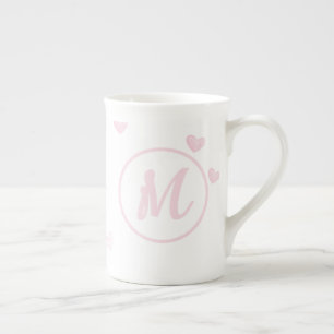 Pink Heart Pattern Girly Romantic Monogrammed Bone China Mug