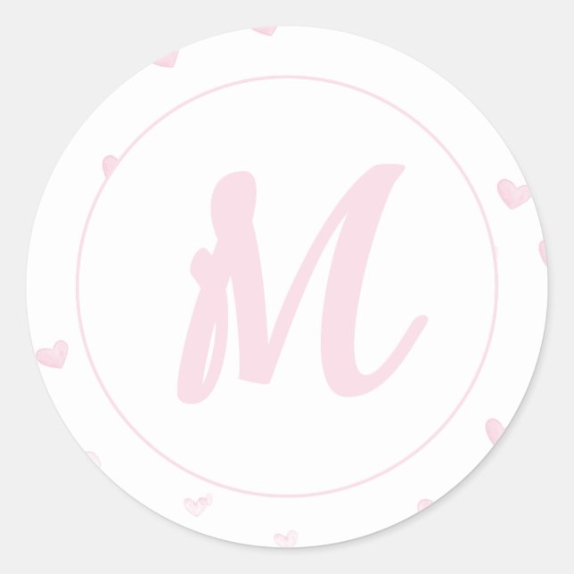 Pink Heart Pattern Girly Romantic Monogrammed Classic Round Sticker (Front)