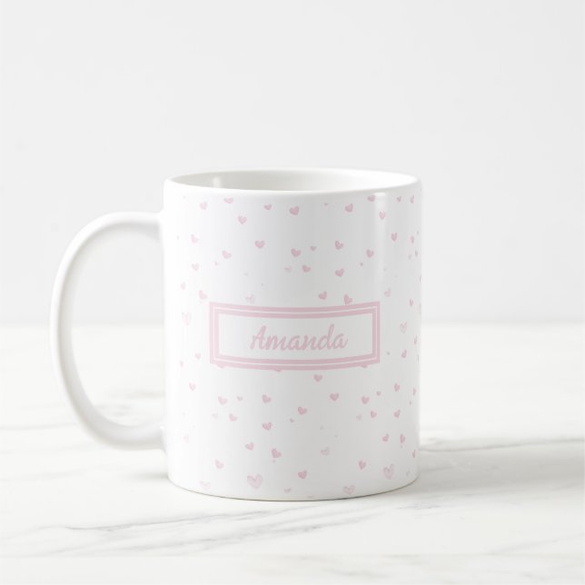 Pink Heart Pattern Girly Romantic Watercolor Coffee Mug (Left)