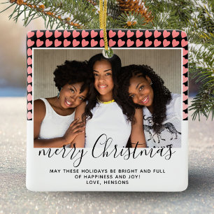 Pink Heart Pattern Merry Christmas Photo Ceramic Ornament
