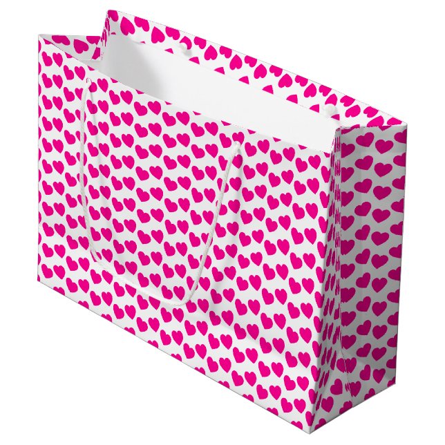 Pink Heart Pattern on White Large Gift Bag (Front Angled)