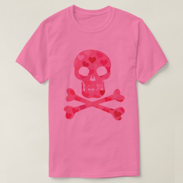 Pink Heart Pattern Skull and Crossbones T-Shirt (Design Front)
