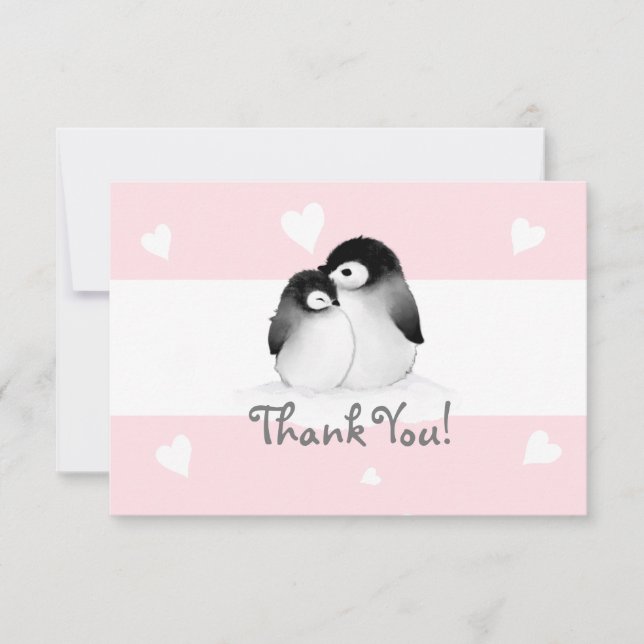 Pink Heart Penguin Thank You Note cards (Front)