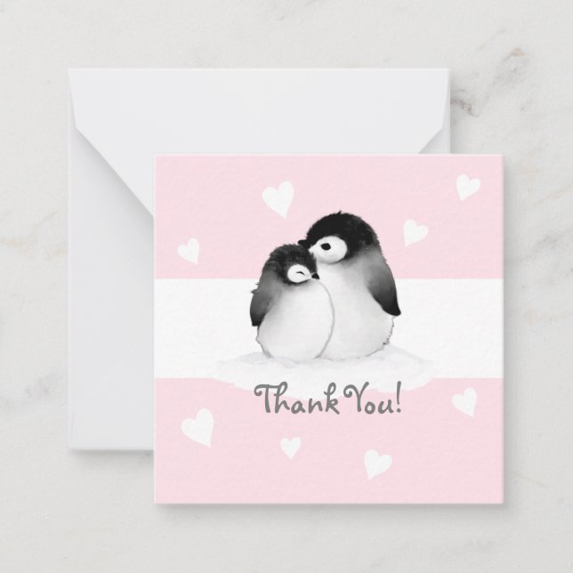 Pink Heart Penguin Thank You Notecards (Front)