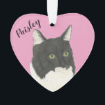 Pink Heart Personalised Black and White Cat Ornament<br><div class="desc">I am in love with this beautifully detailed watercolor illustration of a black and white tuxedo ragamuffin cat! Personalise these reversible ornaments and make the nice list this year! Shop the rest of my collection for the sweetest housewarming, bridal shower, teacher, mother-in-law, husband, boyfriend, secret santa, sympathy, or tough-to-shop-for gifts!...</div>