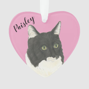 Pink Heart Personalised Black and White Cat Ornament