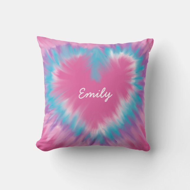 Pink Heart Personalised Tie-Dye Throw Pillow (Front)