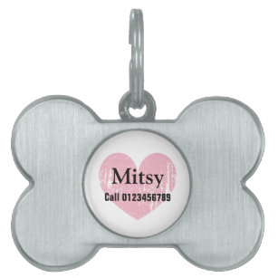 Pink heart pet tag in bone shape for dog