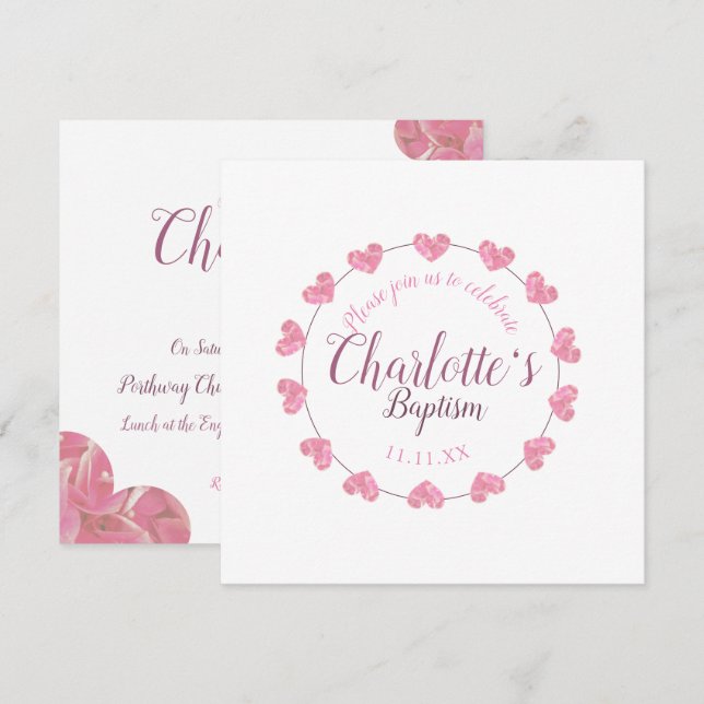 Pink heart petals girl baptism invite (Front/Back)