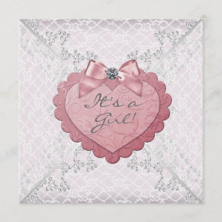 Pink Heart Pink White Lace Baby Shower Invitation