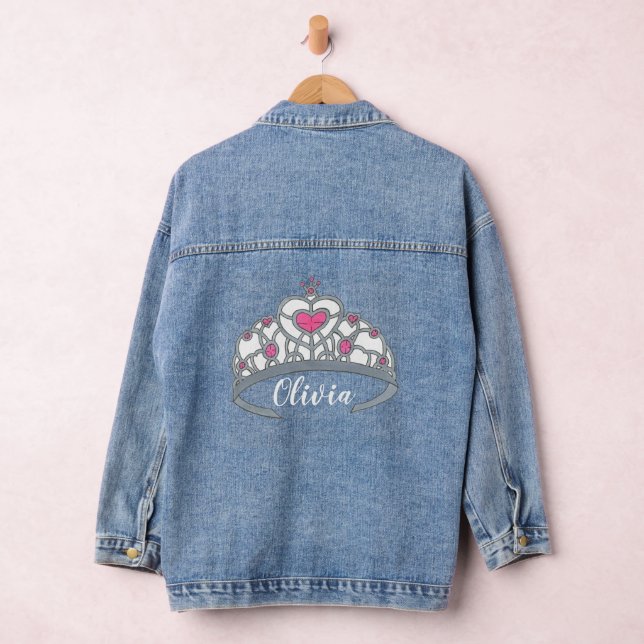 Pink Heart Princess Tiara Crown Personalised Girl Denim Jacket (Hangar)