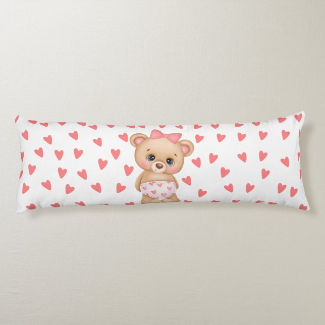 Pink Heart Print Teddy Bear Body Pillow (Back)