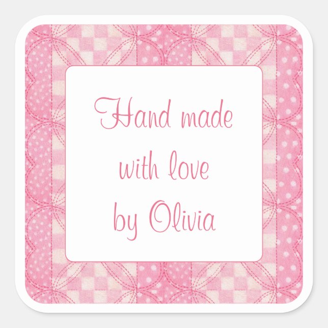 PINK HEART QUILT 3" Square "Hand Made" Stickers  (Front)