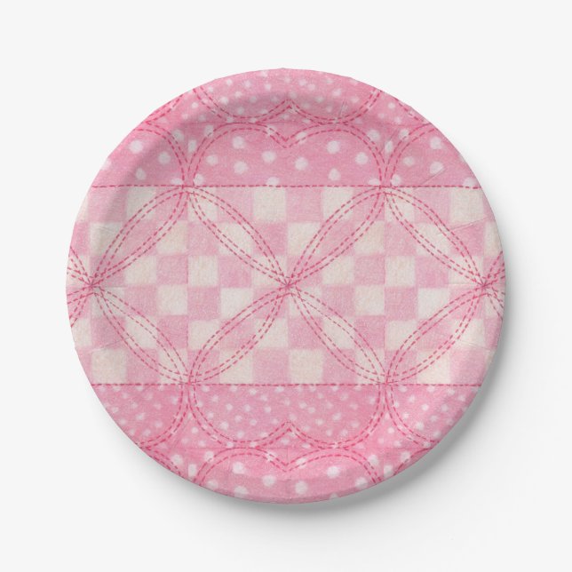PINK HEART QUILT 7" Round Paper Plates (Front)