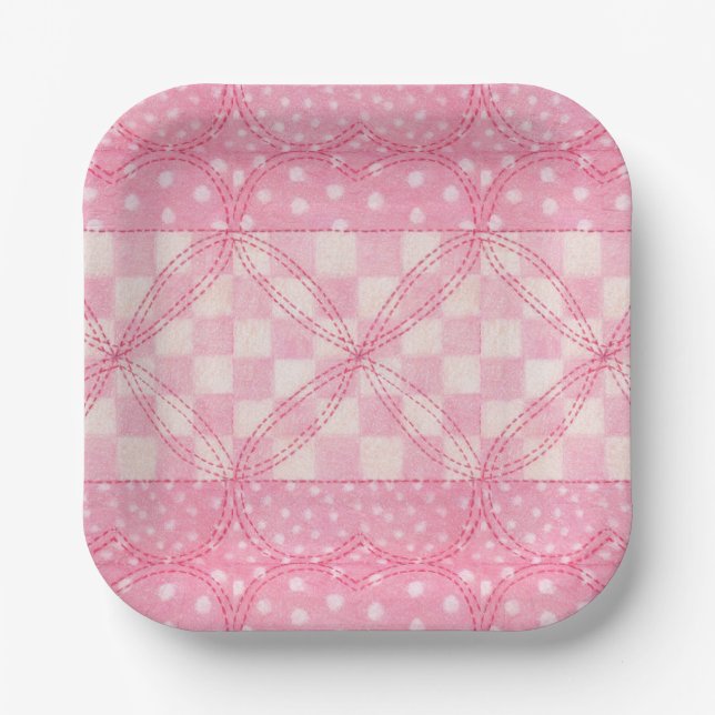 PINK HEART QUILT 7" Square Paper Plates (Front)