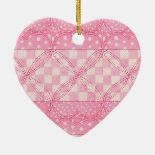 PINK HEART QUILT Ceramic Heart Ornament