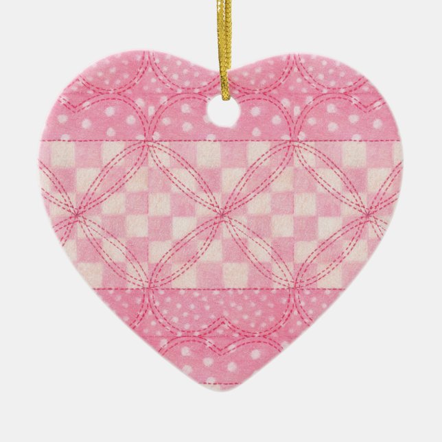 PINK HEART QUILT Ceramic Heart Ornament (Front)