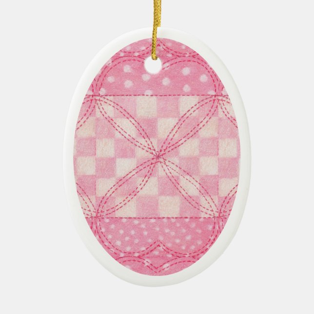 PINK HEART QUILT Ceramic Oval Ornament  (Front)