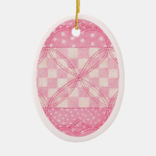 PINK HEART QUILT Ceramic Oval Ornament / Pink