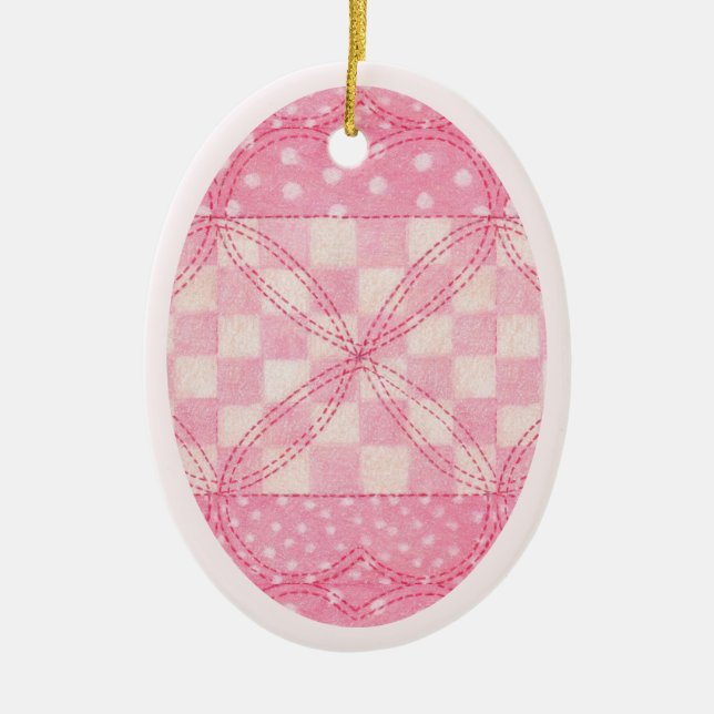 PINK HEART QUILT Ceramic Oval Ornament / Pink (Front)