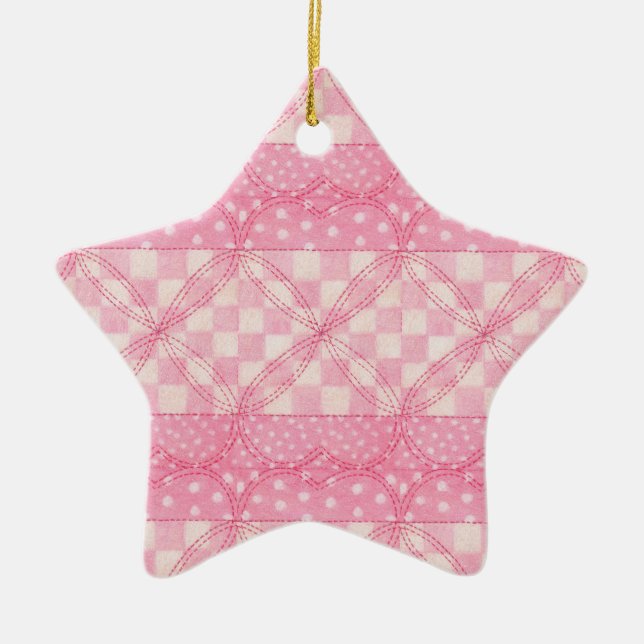 PINK HEART QUILT Ceramic Star Ornament (Front)