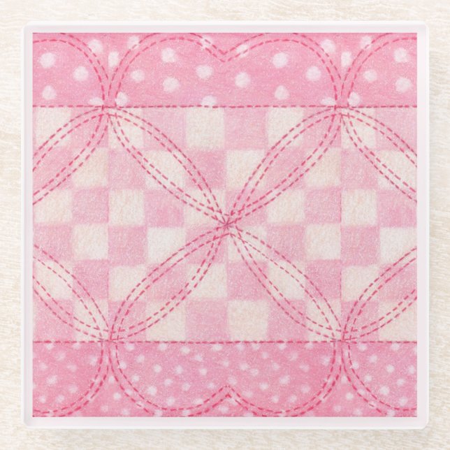 PINK HEART QUILT Glass Coaster / Pink (Front)