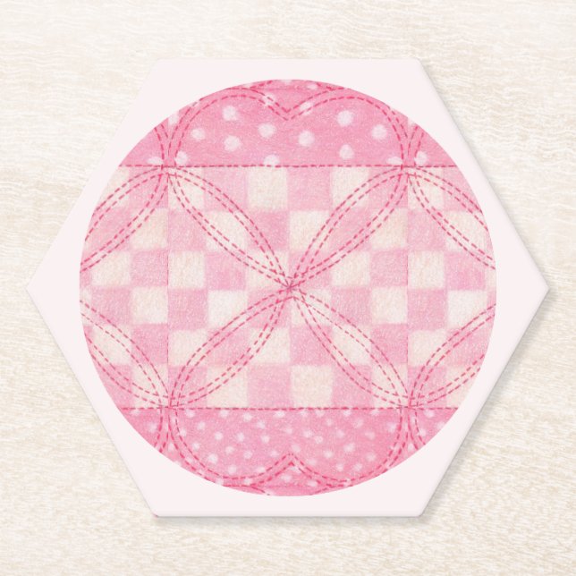 PINK HEART QUILT Hexagon Coasters / Pink (Front)