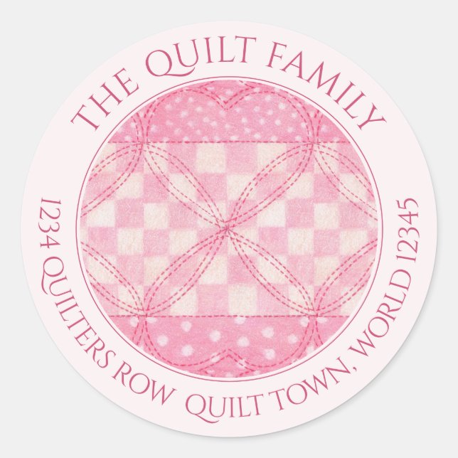 PINK HEART QUILT Large Round Address Seals / Pink (Front)