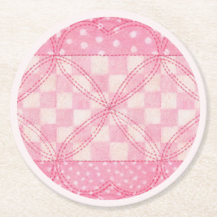 PINK HEART QUILT Round Paper Coasters / Pink