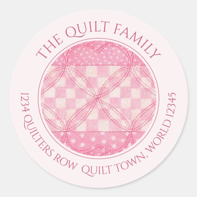 PINK HEART QUILT Small Round Address Seals / Pink (Front)
