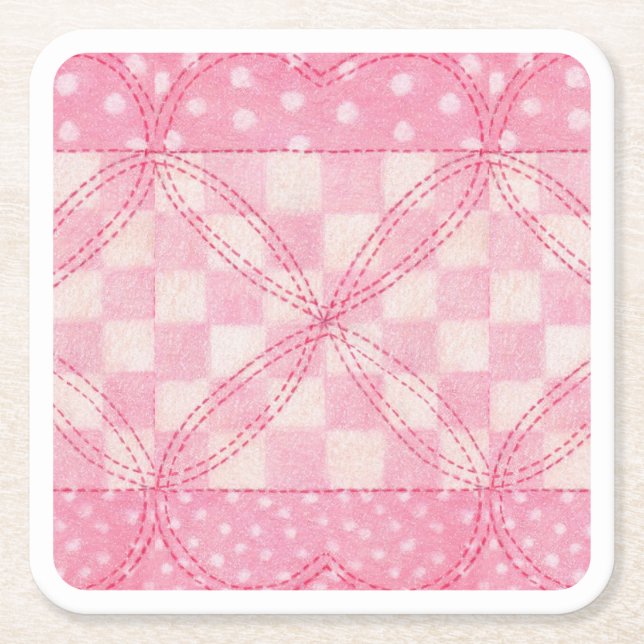 PINK HEART QUILT Square Paper Coasters  (Front)