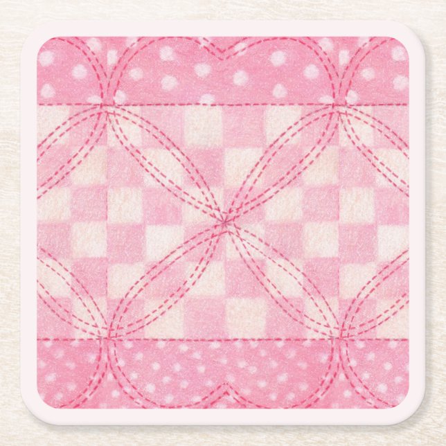 PINK HEART QUILT Square Paper Coasters / Pink (Front)