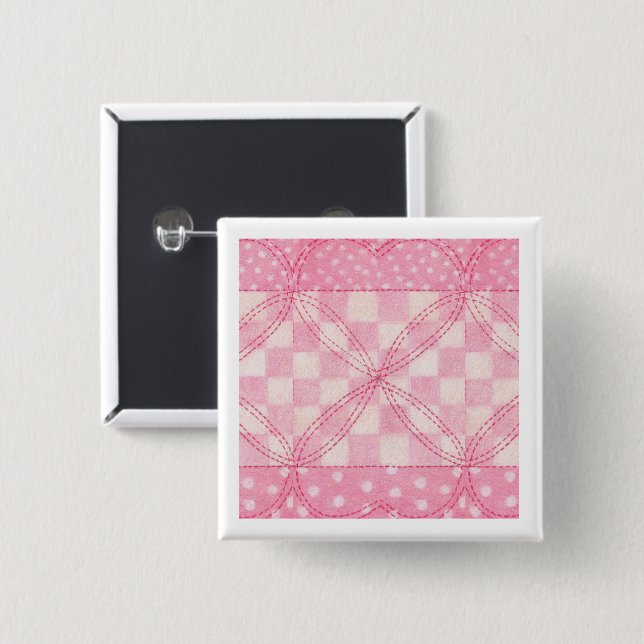 PINK HEART QUILT Square Pin Button (Front & Back)