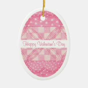 PINK HEART QUILT Valentine Ceramic Oval Ornament 