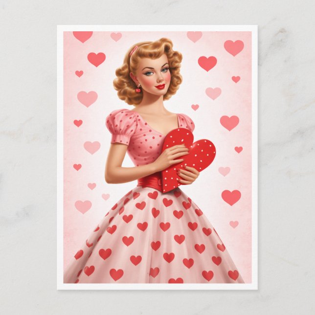 Pink Heart Retro Love Design Postcard (Front)