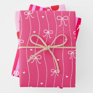 Pink Heart Ribbon Cherries Wrapping Paper Sheet