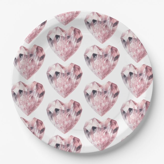 Pink Heart Rose Quartz Love Crystal Party Paper Plate (Front)