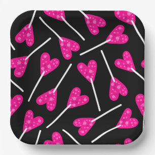 pink heart shape lollipop candy black paper plate
